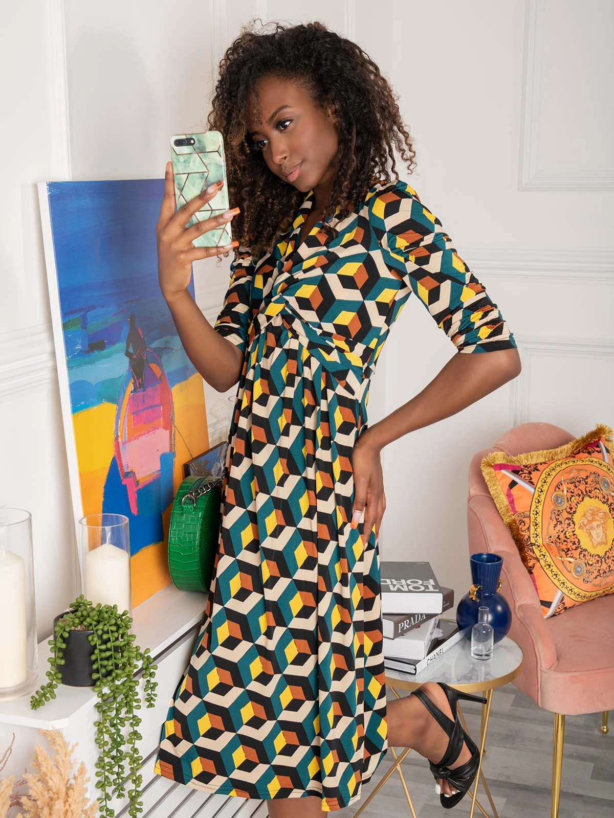 3/4 Sleeve Twisted Knot Jersey Dress, Teal Geo 2 3/4 Sleeve Twisted Knot Jersey Dress, Teal Geo - Image 2