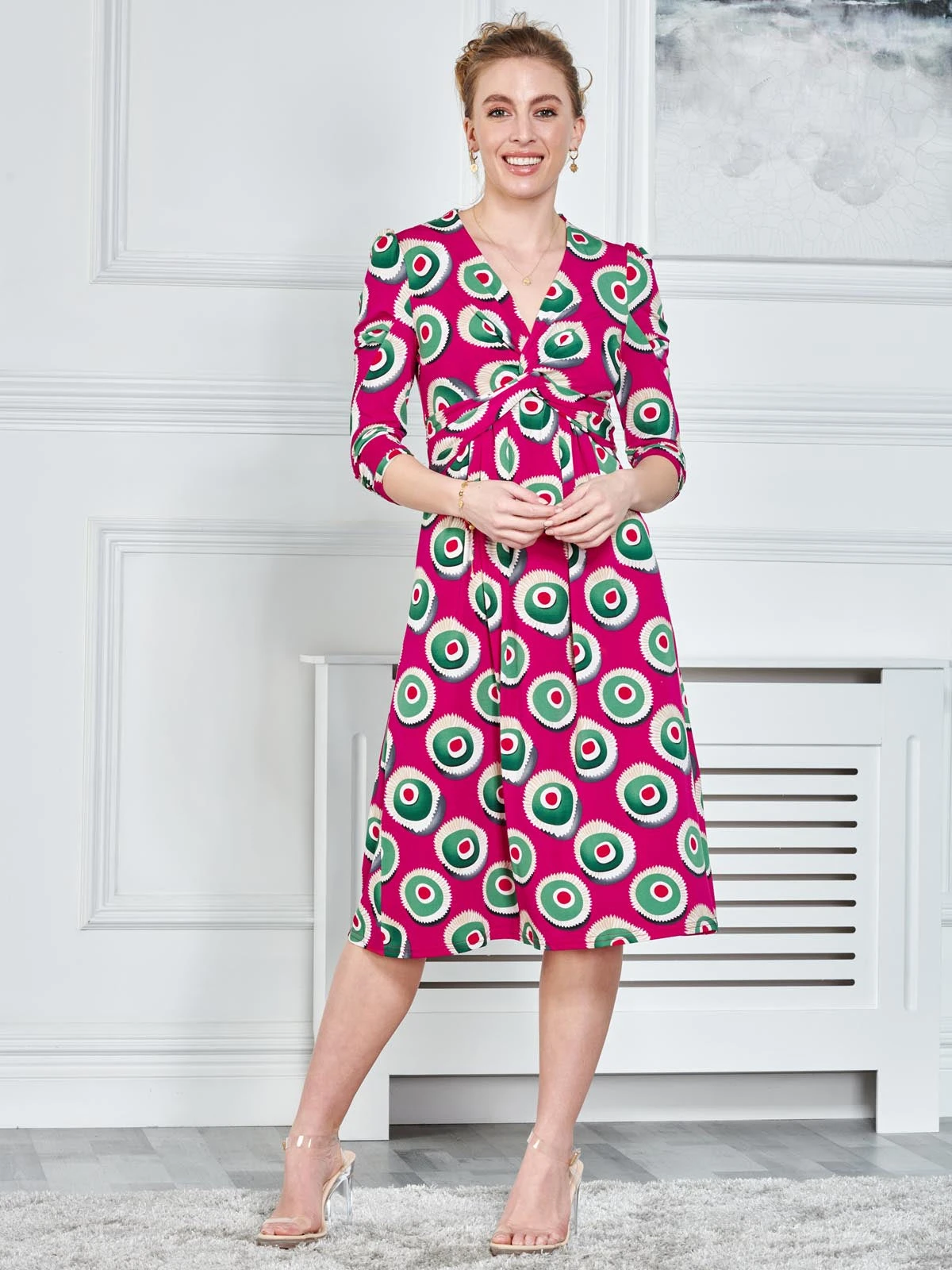 3/4 Sleeve Twisted Knot Jersey Dress, Plum 4 3/4 Sleeve Twisted Knot Jersey Dress, Plum - Image 4