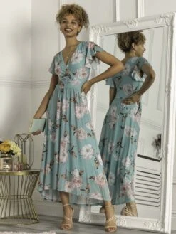 Piper Dip Hem Mesh Maxi Dress, Green Floral -DORIA Clothing Shop PY133 12 GreenFloral 1