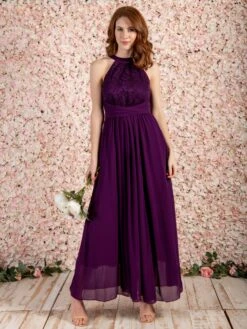 Halter Neck Lace Maxi Bridesmaid Dress, Dark Purple