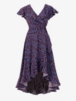 Printed Ruffle Dip Hem Jersey Maxi Dress, Burgundy Multi -DORIA Clothing Shop PrintedRuffleDipHemJerseyMaxiDress BurgundyMulti