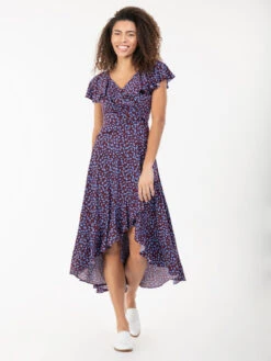 Printed Ruffle Dip Hem Jersey Maxi Dress, Burgundy Multi