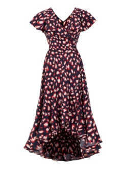 Printed Ruffle Dip Hem Maxi Dress, Navy Animal -DORIA Clothing Shop PrintedRuffleDipHemMaxiDress NavyAnimal