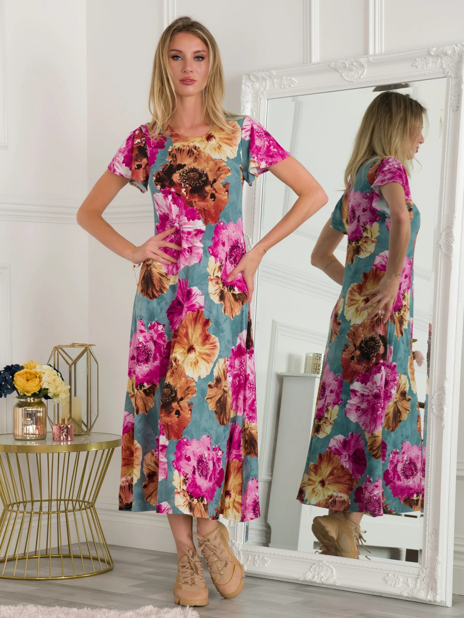 Jolie Moi Printed Cap Sleeve Dress, Blue Floral 3 Jolie Moi Printed Cap Sleeve Dress, Blue Floral - Image 3