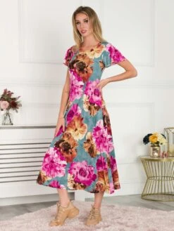 Jolie Moi Printed Cap Sleeve Dress, Blue Floral