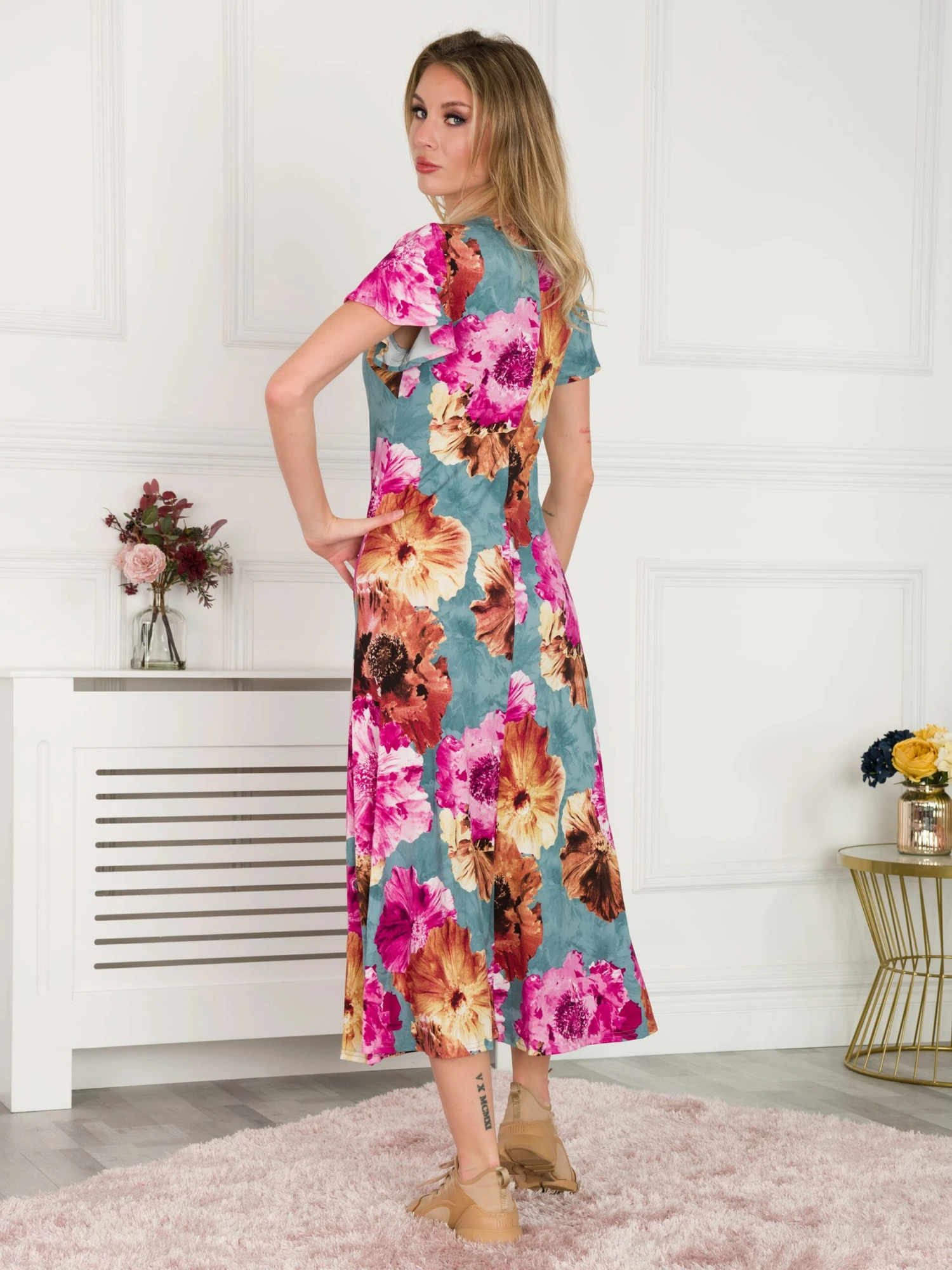 Jolie Moi Printed Cap Sleeve Dress, Blue Floral 2 Jolie Moi Printed Cap Sleeve Dress, Blue Floral - Image 2