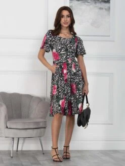 Flare Sleeve Jersey Dress, Pink Animal 10 Flare Sleeve Jersey Dress, Pink Animal -DORIA Clothing Shop QFB2613 PinkAnimal 2