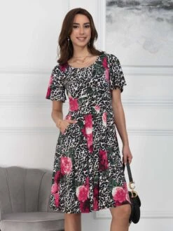 Flare Sleeve Jersey Dress, Pink Animal 12 Flare Sleeve Jersey Dress, Pink Animal -DORIA Clothing Shop QFB2613 PinkAnimal 5