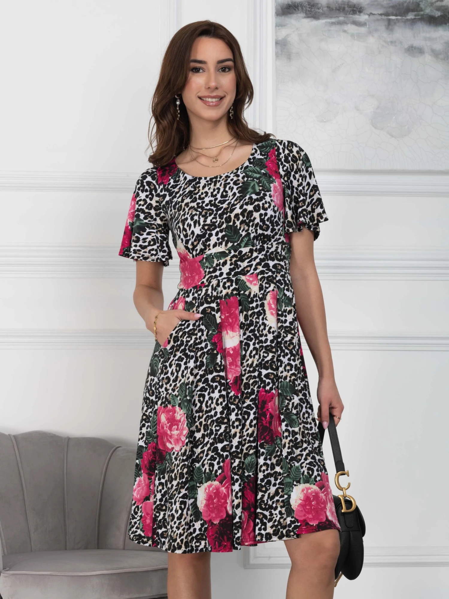 Flare Sleeve Jersey Dress, Pink Animal 5 Flare Sleeve Jersey Dress, Pink Animal - Image 5