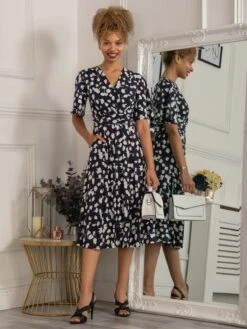 Quyn Angel Sleeve Jersey Dress, Navy White Floral -DORIA Clothing Shop QJY 7362 NavyWhiteFloral 1