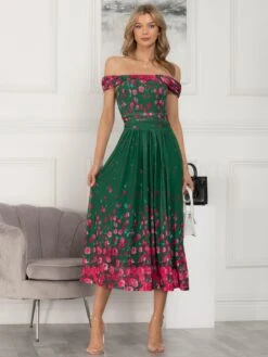 Oliana Mesh Bardot Neckline Dress, Green Floral 12 Oliana Mesh Bardot Neckline Dress, Green Floral -DORIA Clothing Shop QM2318 2 GreenFloral 2