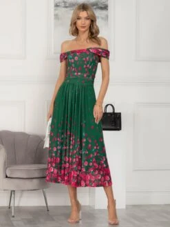 Oliana Mesh Bardot Neckline Dress, Green Floral 13 Oliana Mesh Bardot Neckline Dress, Green Floral -DORIA Clothing Shop QM2318 2 GreenFloral 3