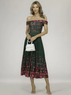Oliana Mesh Bardot Neckline Dress, Green Floral 14 Oliana Mesh Bardot Neckline Dress, Green Floral -DORIA Clothing Shop QM2318 2 GreenFloral 6
