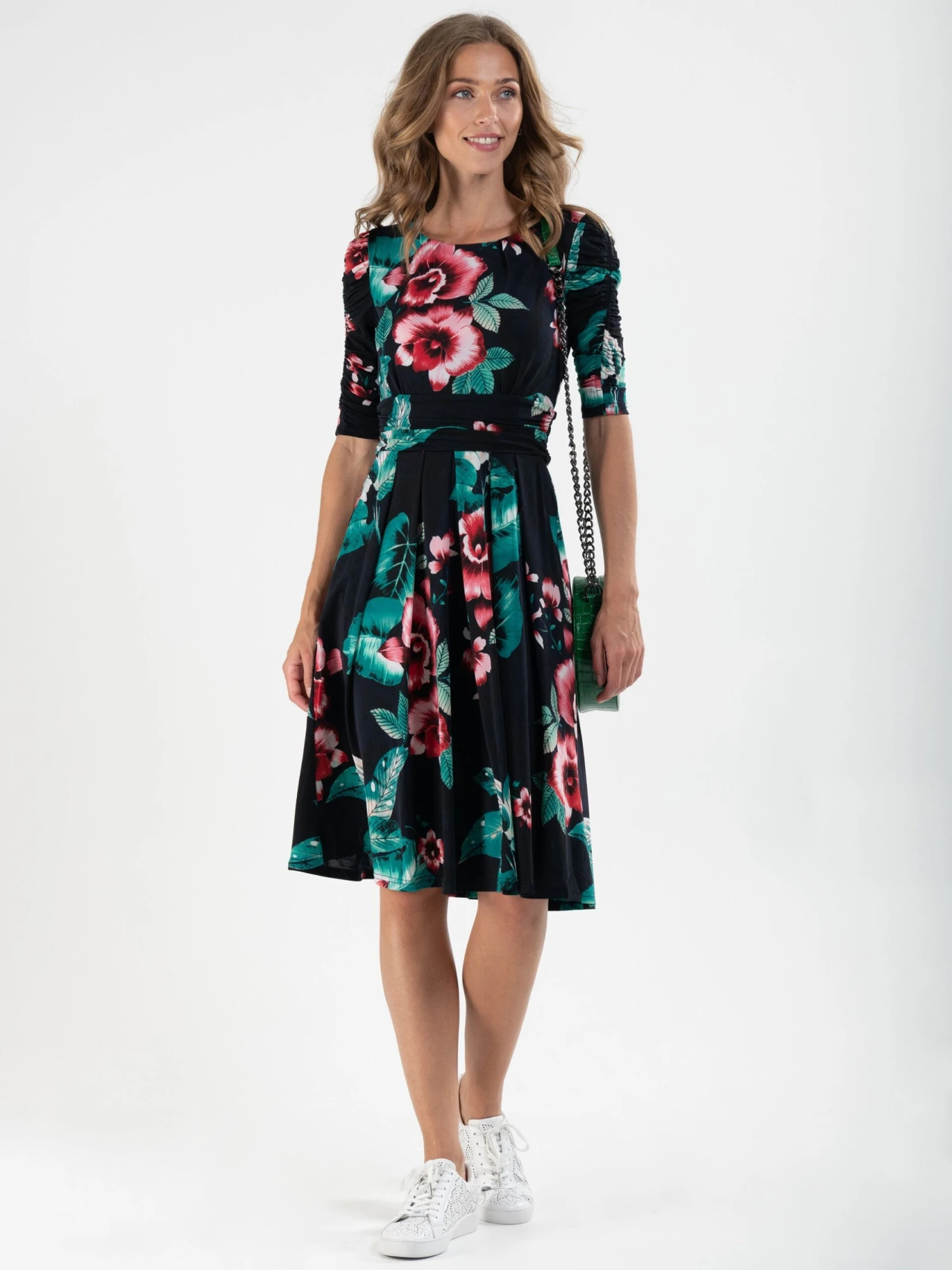 Print Half Sleeve Midi Viscose Dress, Navy Floral 2 Print Half Sleeve Midi Viscose Dress, Navy Floral - Image 2