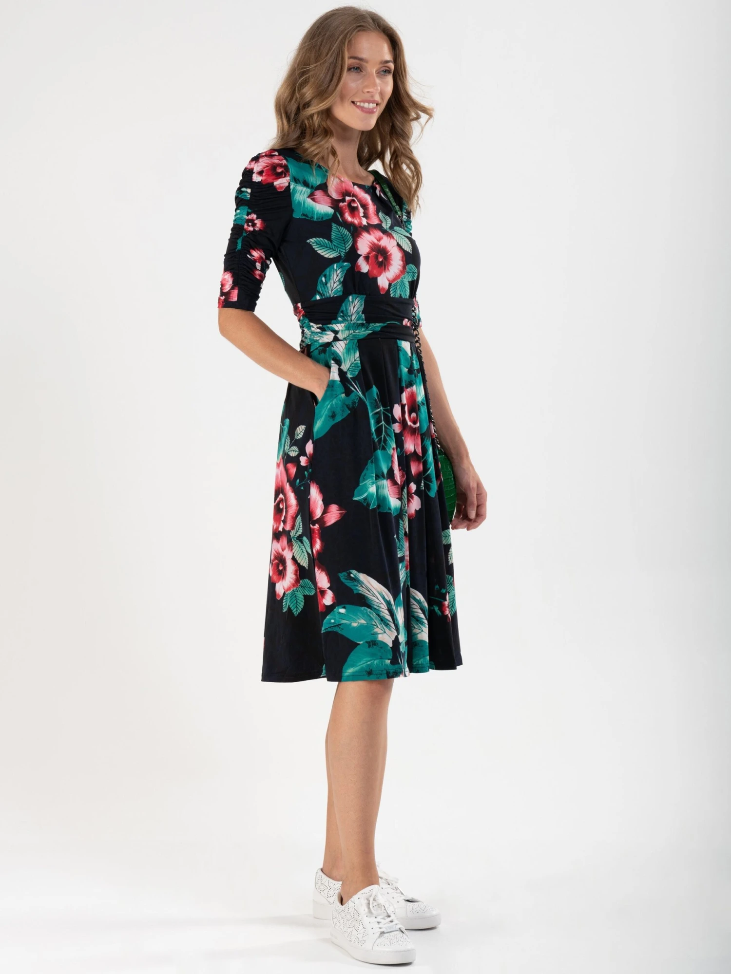 Print Half Sleeve Midi Viscose Dress, Navy Floral 3 Print Half Sleeve Midi Viscose Dress, Navy Floral - Image 3