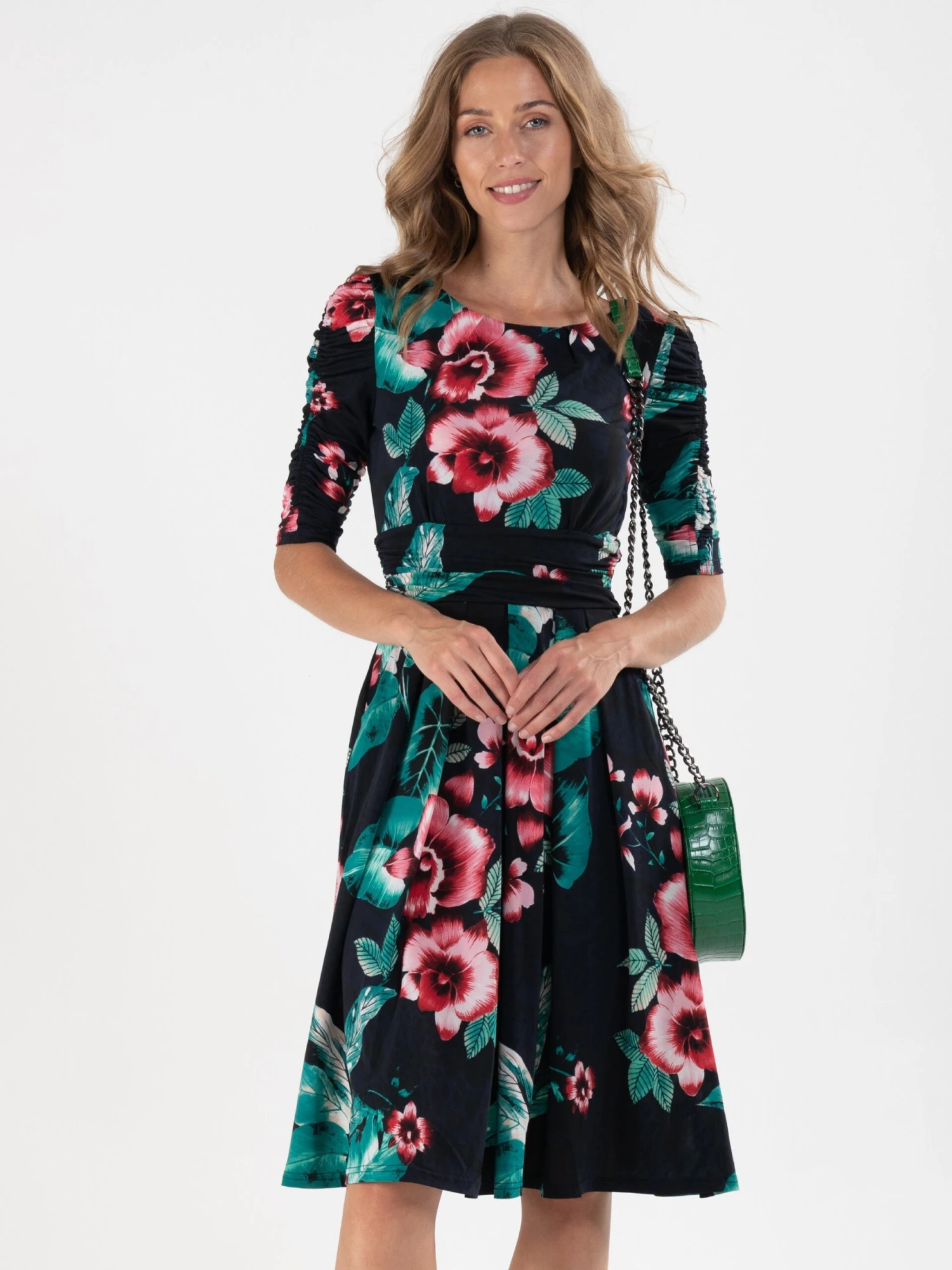 Print Half Sleeve Midi Viscose Dress, Navy Floral 1 Print Half Sleeve Midi Viscose Dress, Navy Floral