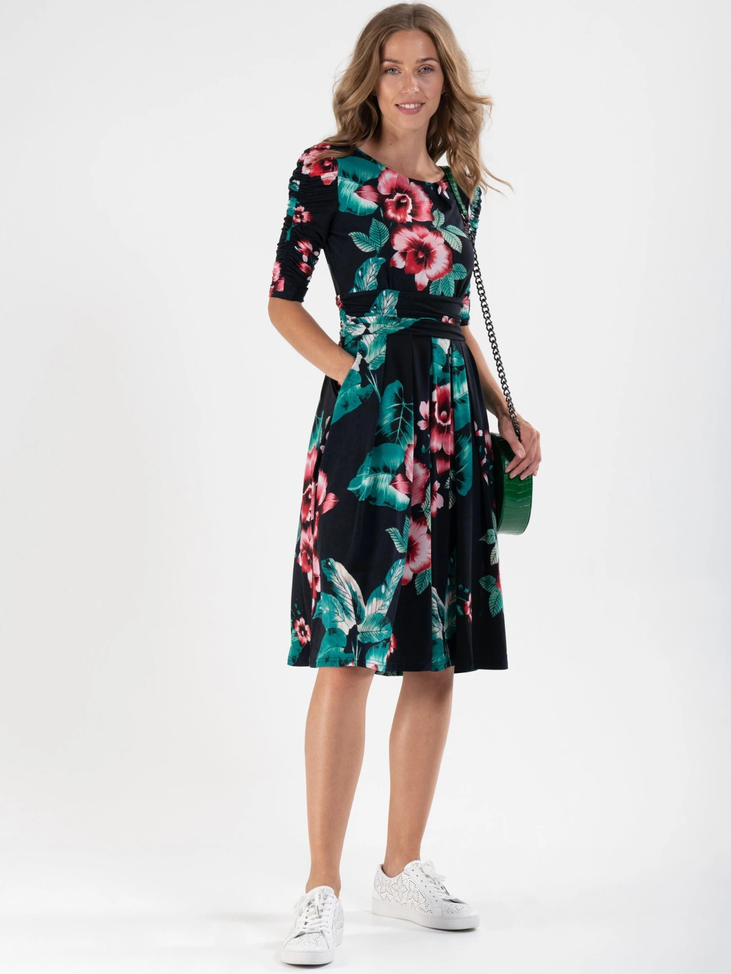 Print Half Sleeve Midi Viscose Dress, Navy Floral 4 Print Half Sleeve Midi Viscose Dress, Navy Floral - Image 4