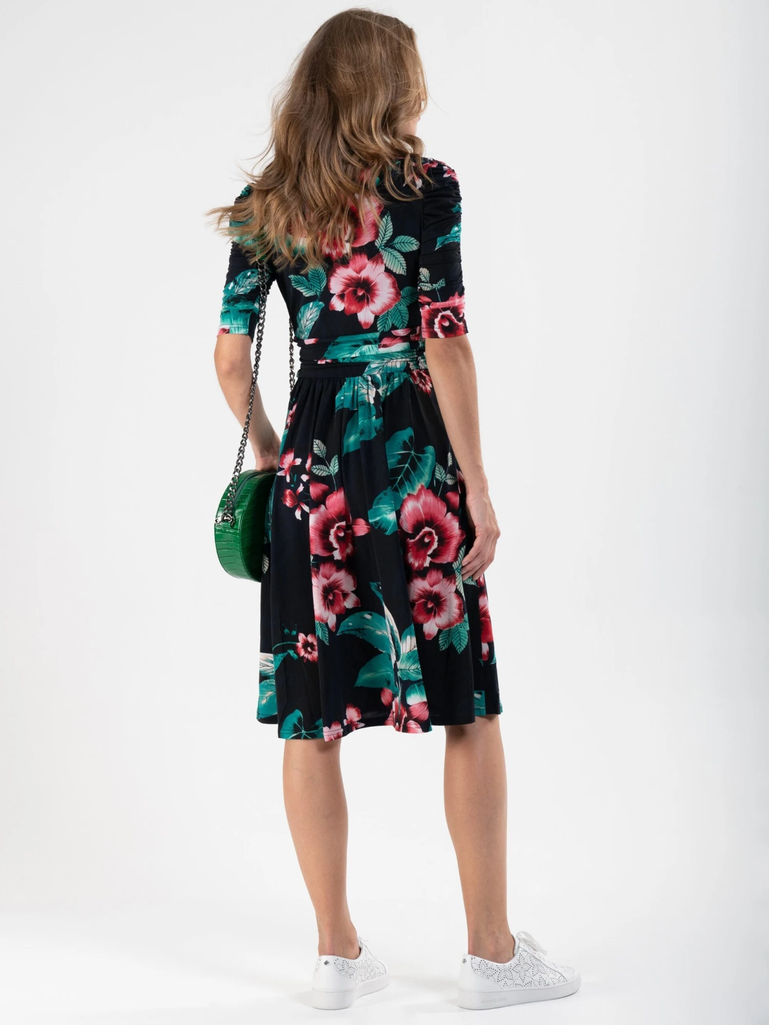 Print Half Sleeve Midi Viscose Dress, Navy Floral 5 Print Half Sleeve Midi Viscose Dress, Navy Floral - Image 5