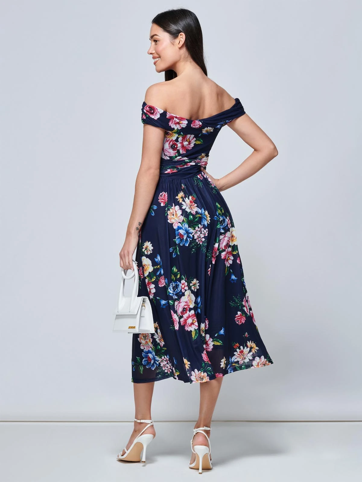 Rawiya Bardot Neck Mesh Dress, Navy Floral 2 Rawiya Bardot Neck Mesh Dress, Navy Floral - Image 2