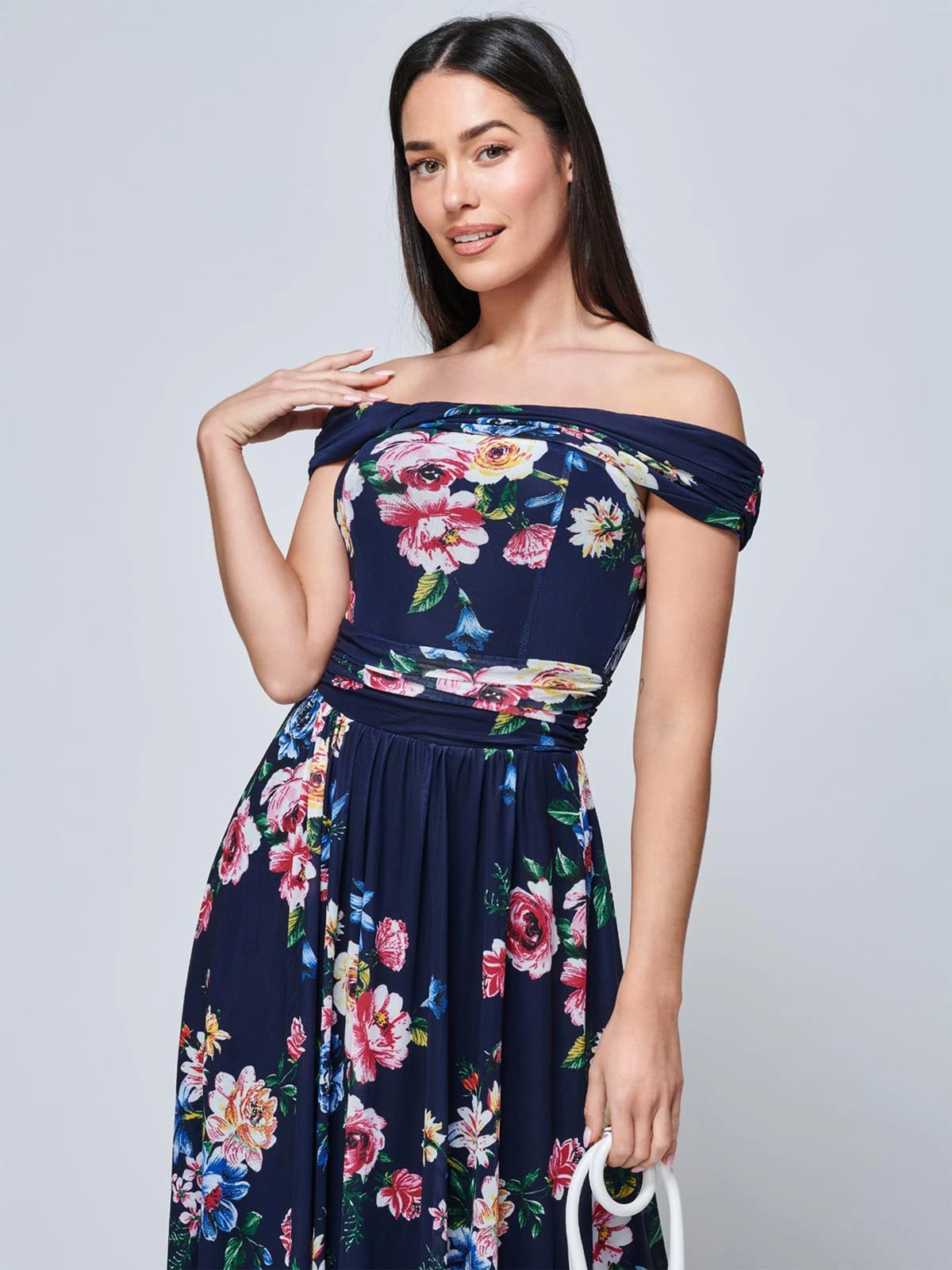 Rawiya Bardot Neck Mesh Dress, Navy Floral 3 Rawiya Bardot Neck Mesh Dress, Navy Floral - Image 3