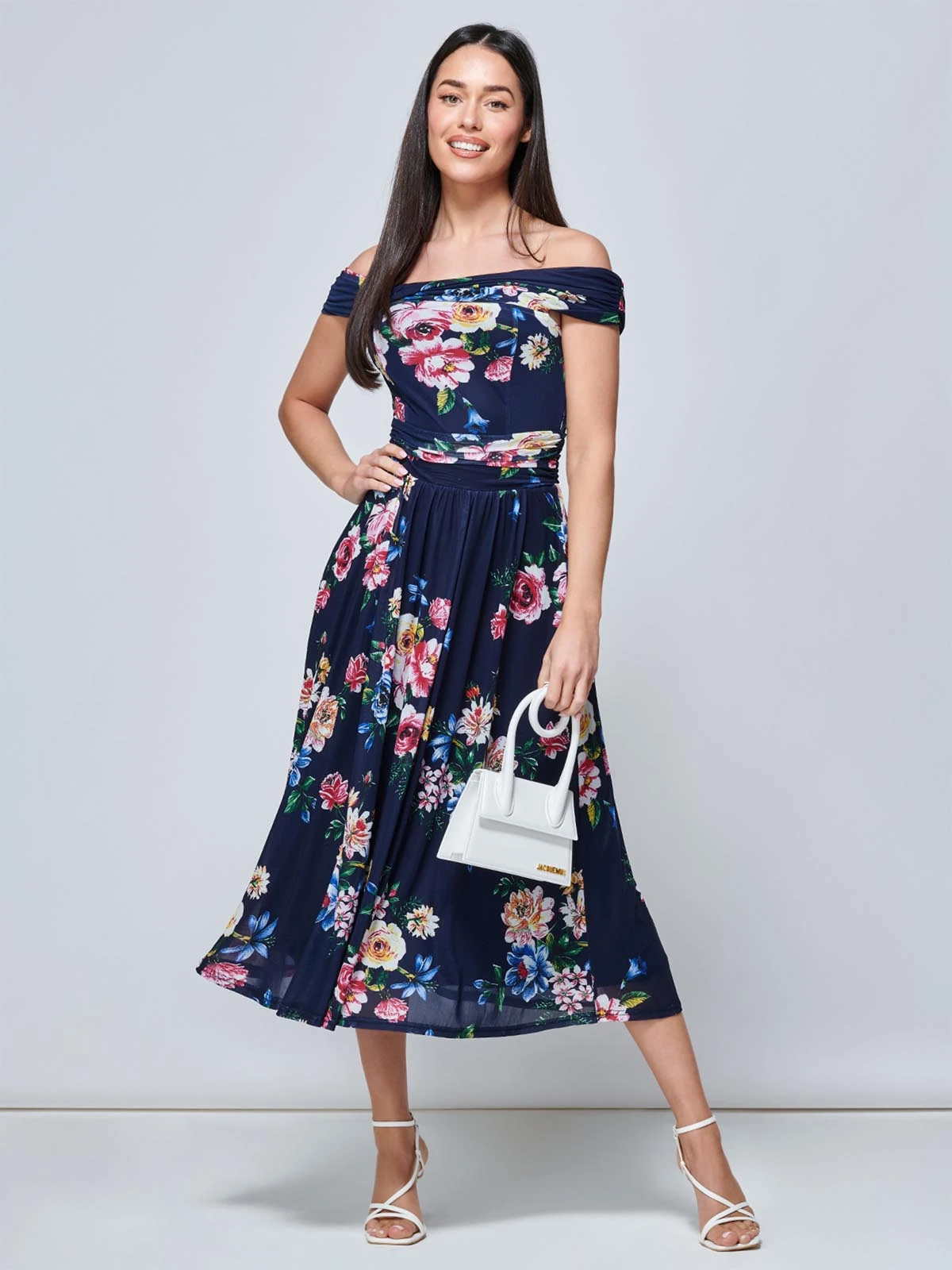 Rawiya Bardot Neck Mesh Dress, Navy Floral 4 Rawiya Bardot Neck Mesh Dress, Navy Floral - Image 4
