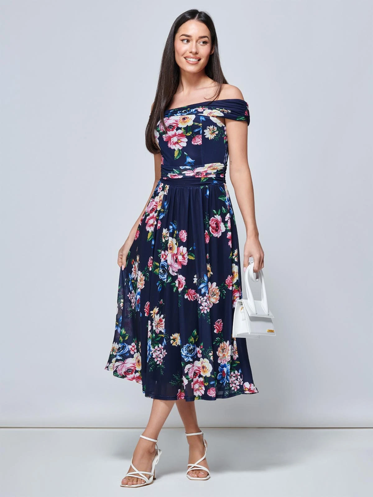Rawiya Bardot Neck Mesh Dress, Navy Floral 1 Rawiya Bardot Neck Mesh Dress, Navy Floral