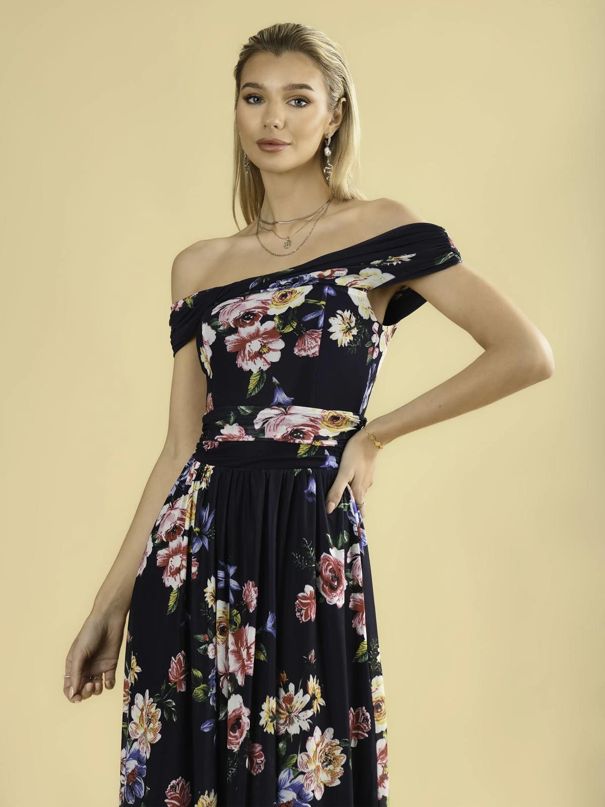 Rawiya Bardot Neck Mesh Dress, Navy Floral 7 Rawiya Bardot Neck Mesh Dress, Navy Floral - Image 7