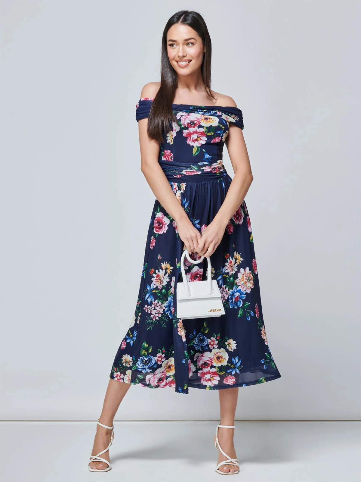 Rawiya Bardot Neck Mesh Dress, Navy Floral 5 Rawiya Bardot Neck Mesh Dress, Navy Floral - Image 5