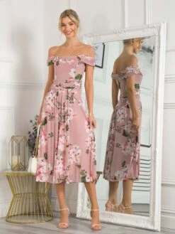 Rawiya Bardot Neck Mesh Dress, Pink Floral 7 Rawiya Bardot Neck Mesh Dress, Pink Floral -DORIA Clothing Shop R WG2318 PinkFloral 1