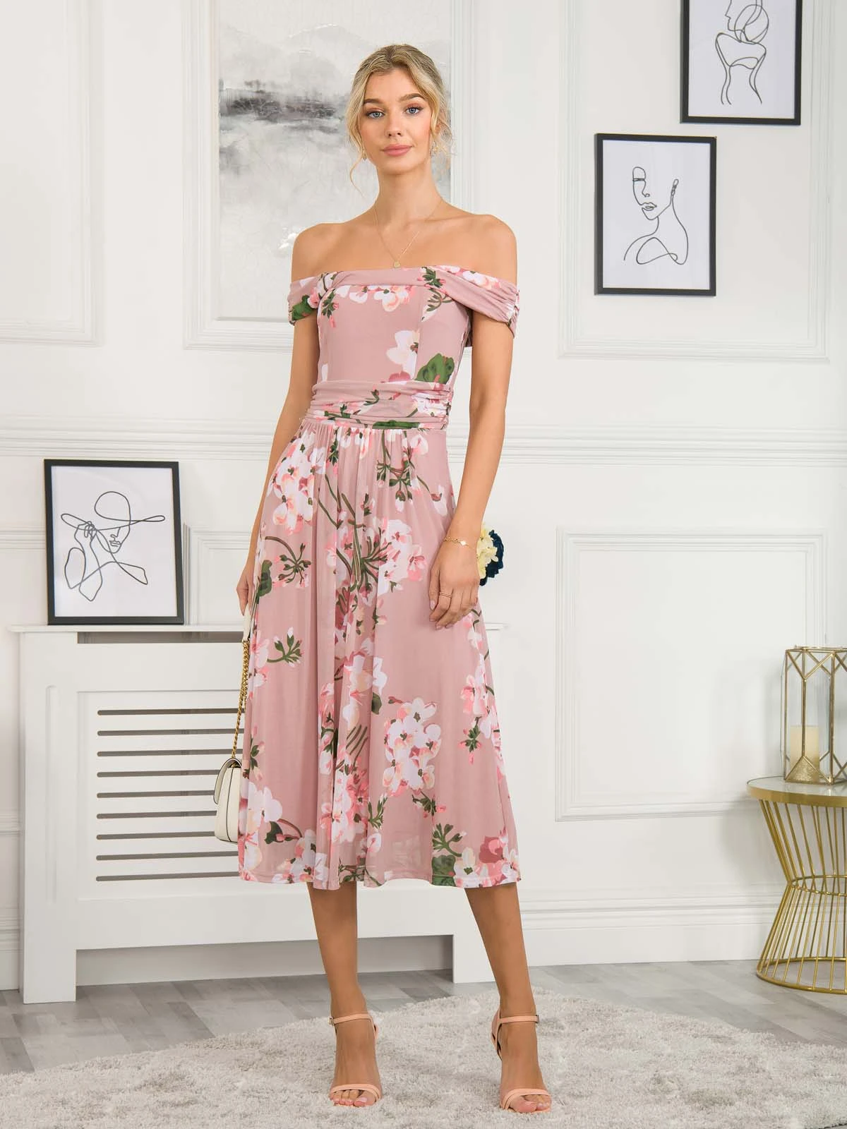Rawiya Bardot Neck Mesh Dress, Pink Floral 1 Rawiya Bardot Neck Mesh Dress, Pink Floral