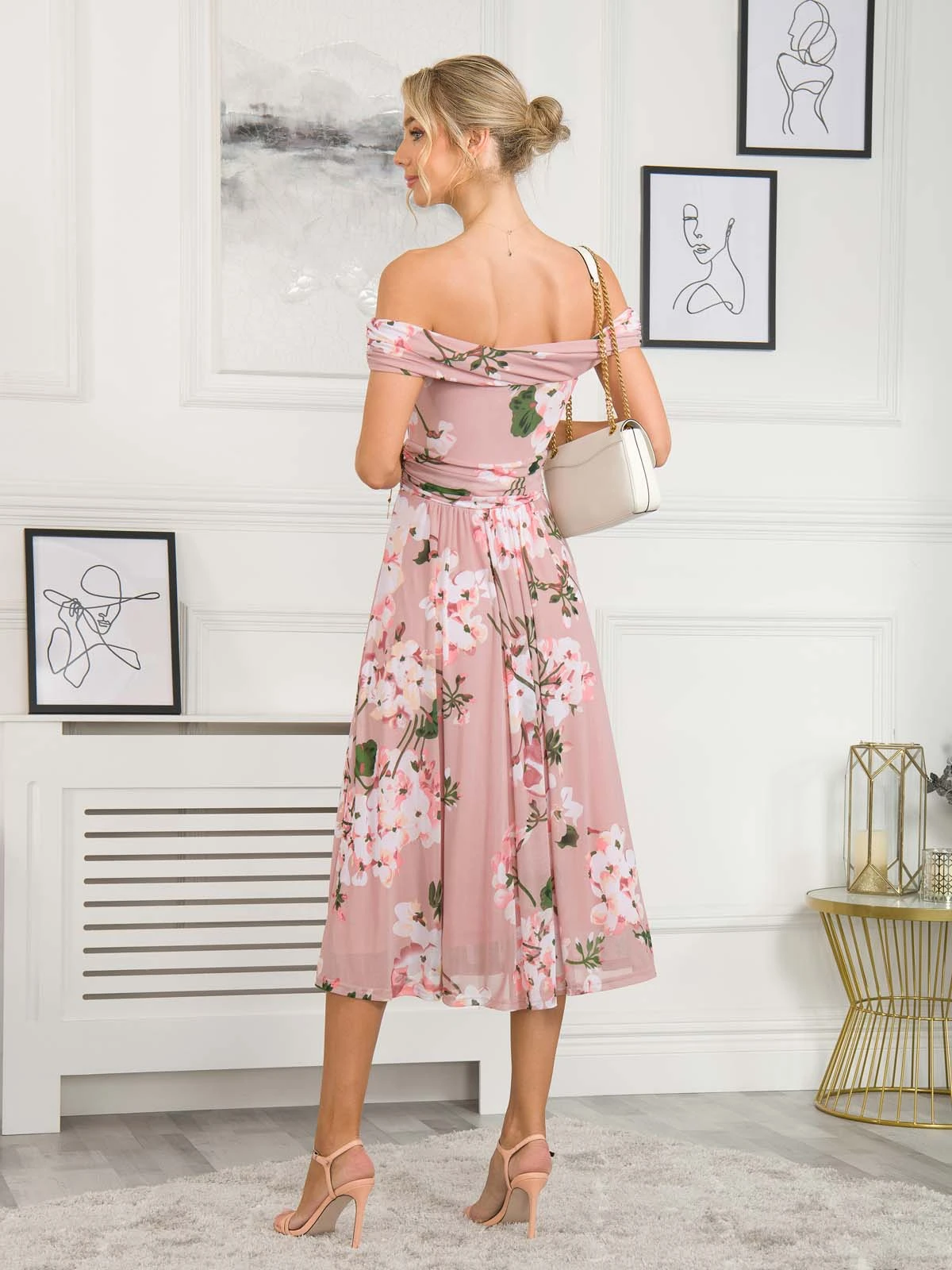 Rawiya Bardot Neck Mesh Dress, Pink Floral 2 Rawiya Bardot Neck Mesh Dress, Pink Floral - Image 2