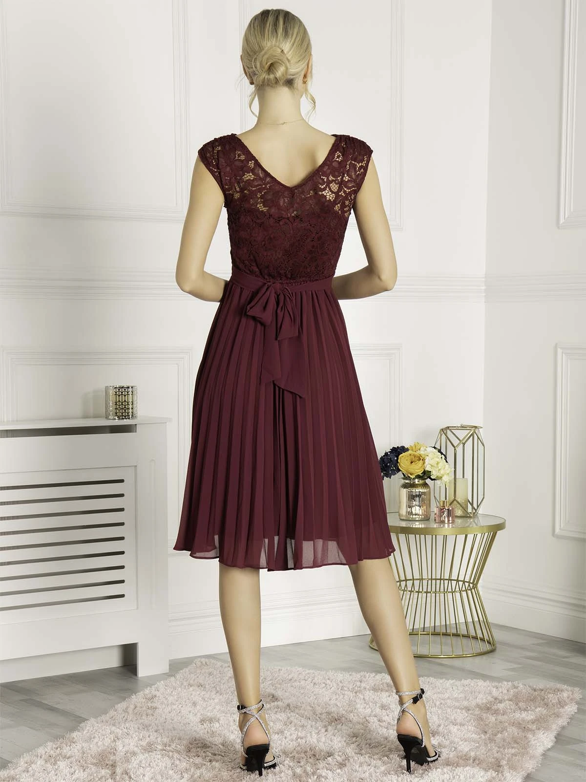 Cindy Lace Bodice Pleated Dress, Burgundy 2 Cindy Lace Bodice Pleated Dress, Burgundy - Image 2