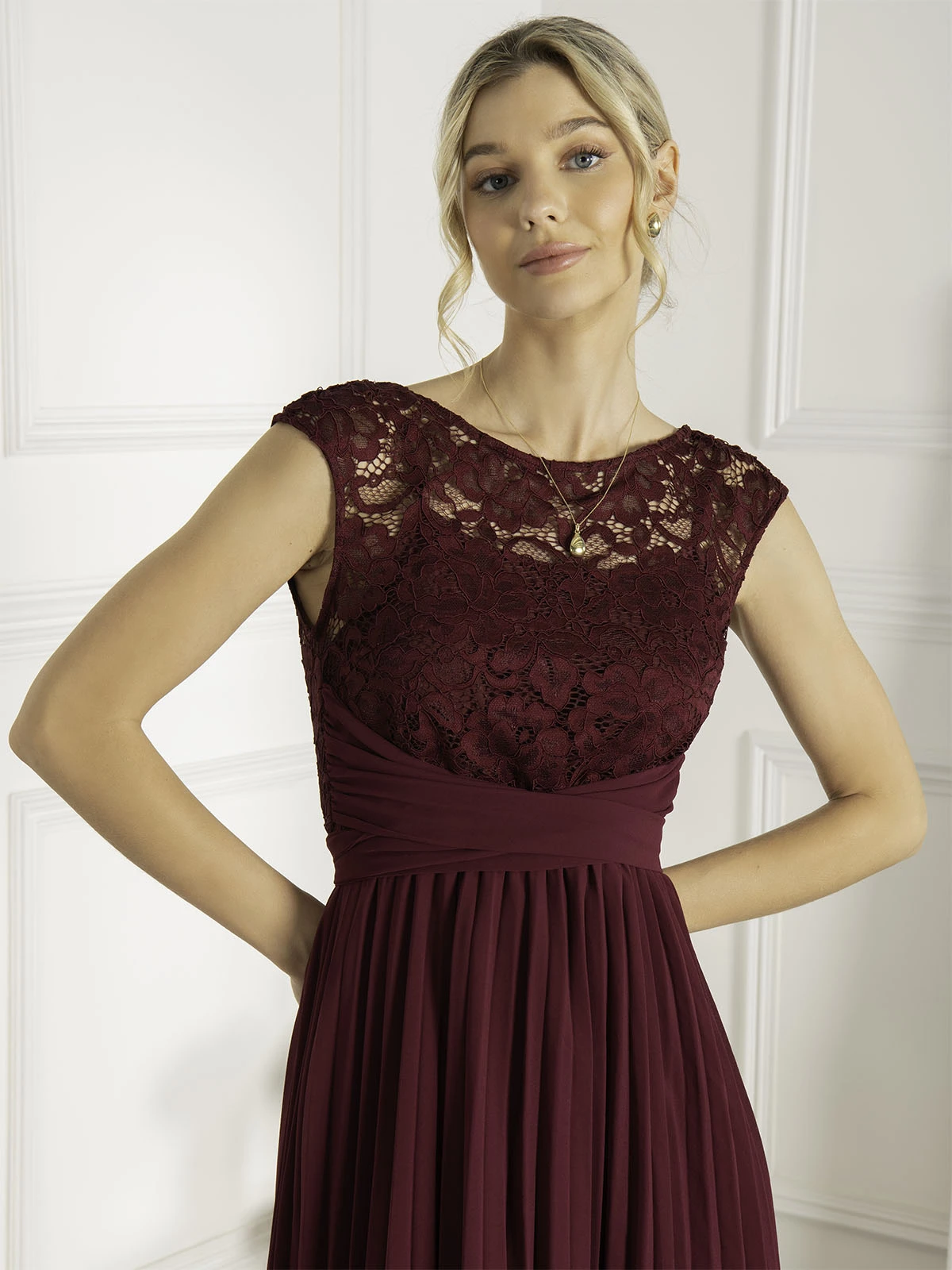 Cindy Lace Bodice Pleated Dress, Burgundy 5 Cindy Lace Bodice Pleated Dress, Burgundy - Image 5