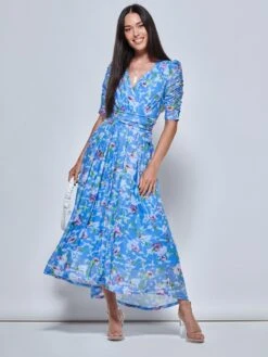 Print Dip Hem Mesh Maxi Dress, Blue Floral
