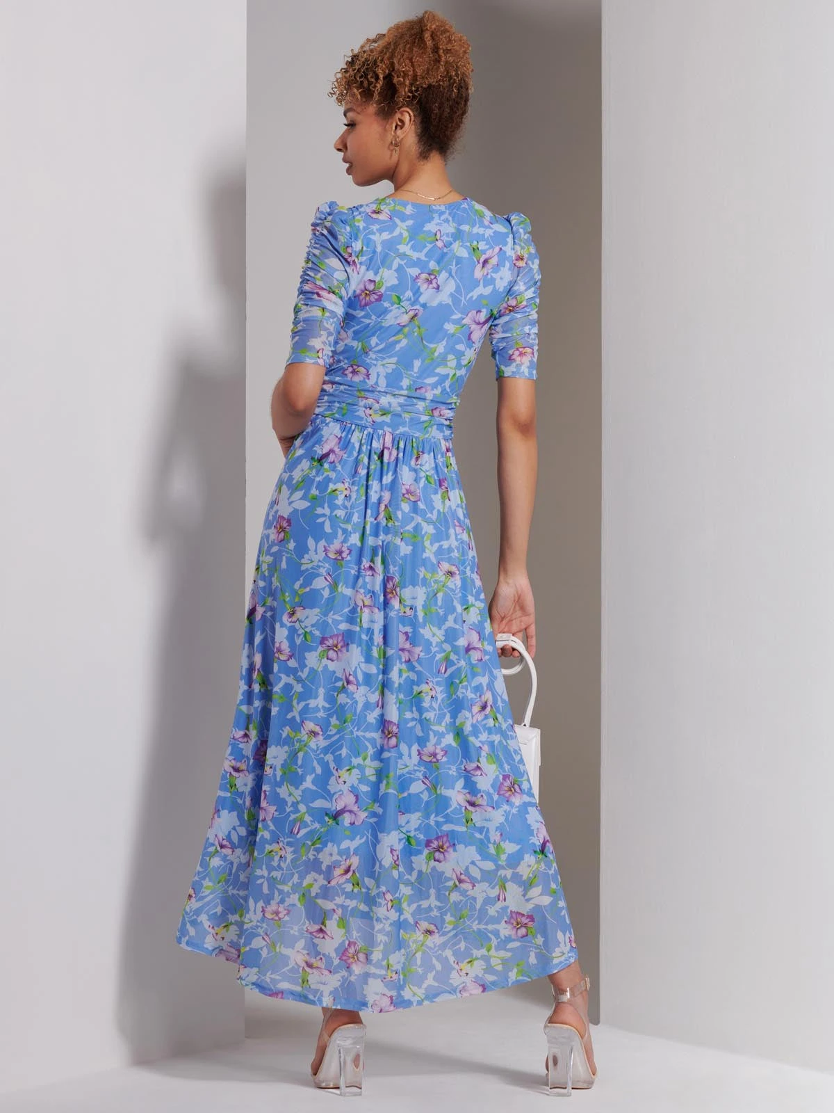 Print Dip Hem Mesh Maxi Dress, Blue Floral 2 Print Dip Hem Mesh Maxi Dress, Blue Floral - Image 2