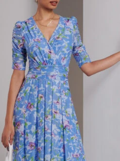 Print Dip Hem Mesh Maxi Dress, Blue Floral 7 Print Dip Hem Mesh Maxi Dress, Blue Floral -DORIA Clothing Shop R621 851 BlueFloral 3