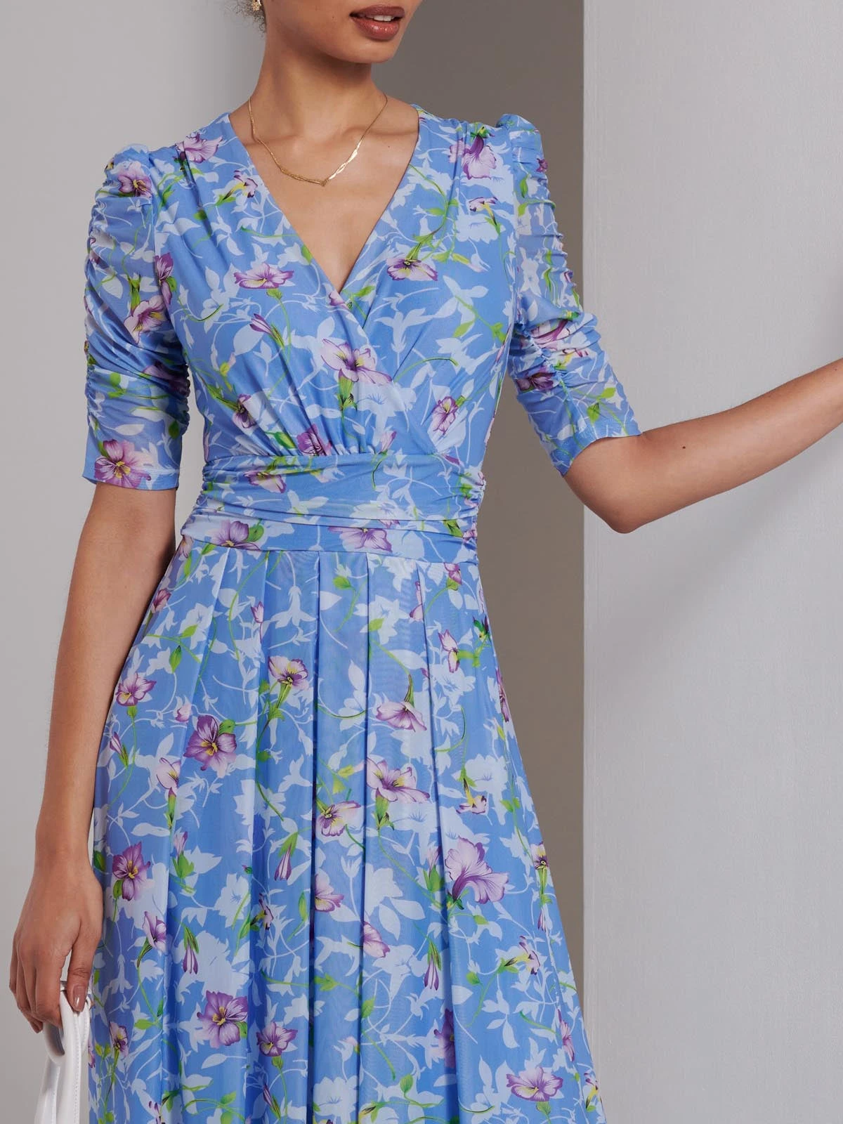Print Dip Hem Mesh Maxi Dress, Blue Floral 3 Print Dip Hem Mesh Maxi Dress, Blue Floral - Image 3