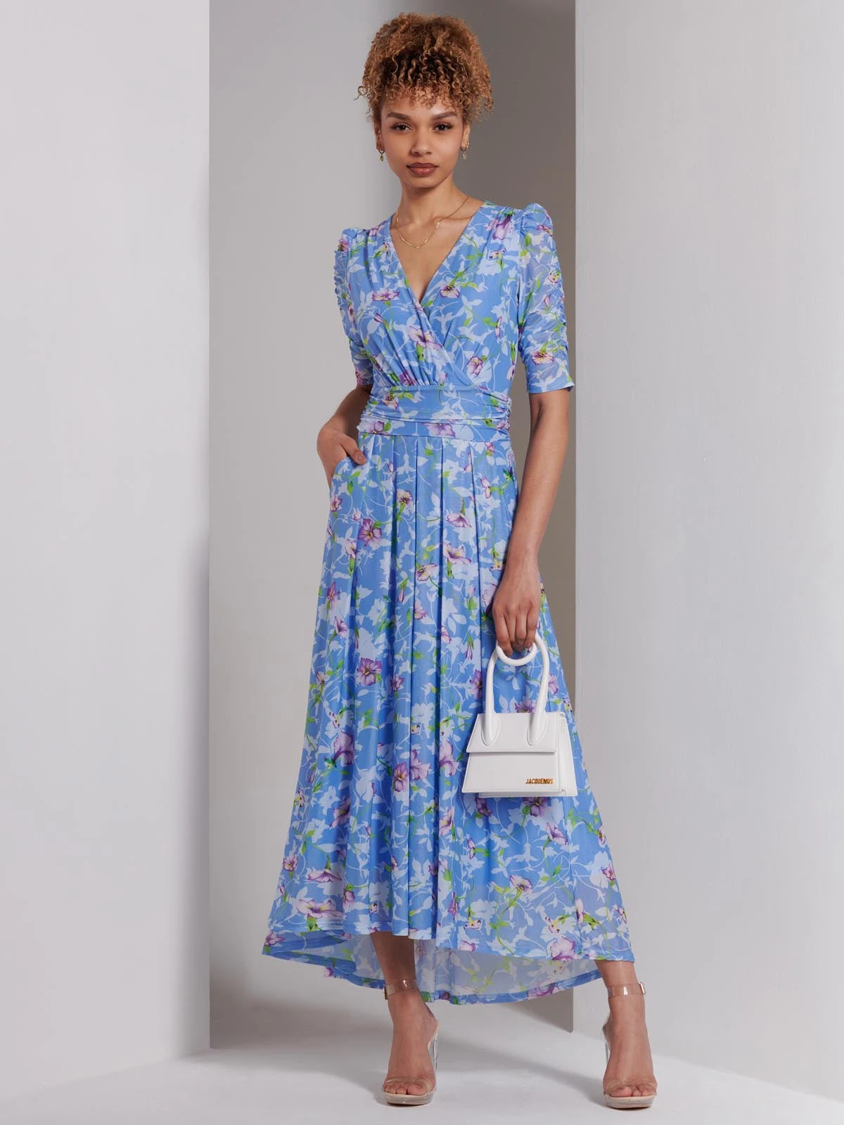 Print Dip Hem Mesh Maxi Dress, Blue Floral 4 Print Dip Hem Mesh Maxi Dress, Blue Floral - Image 4