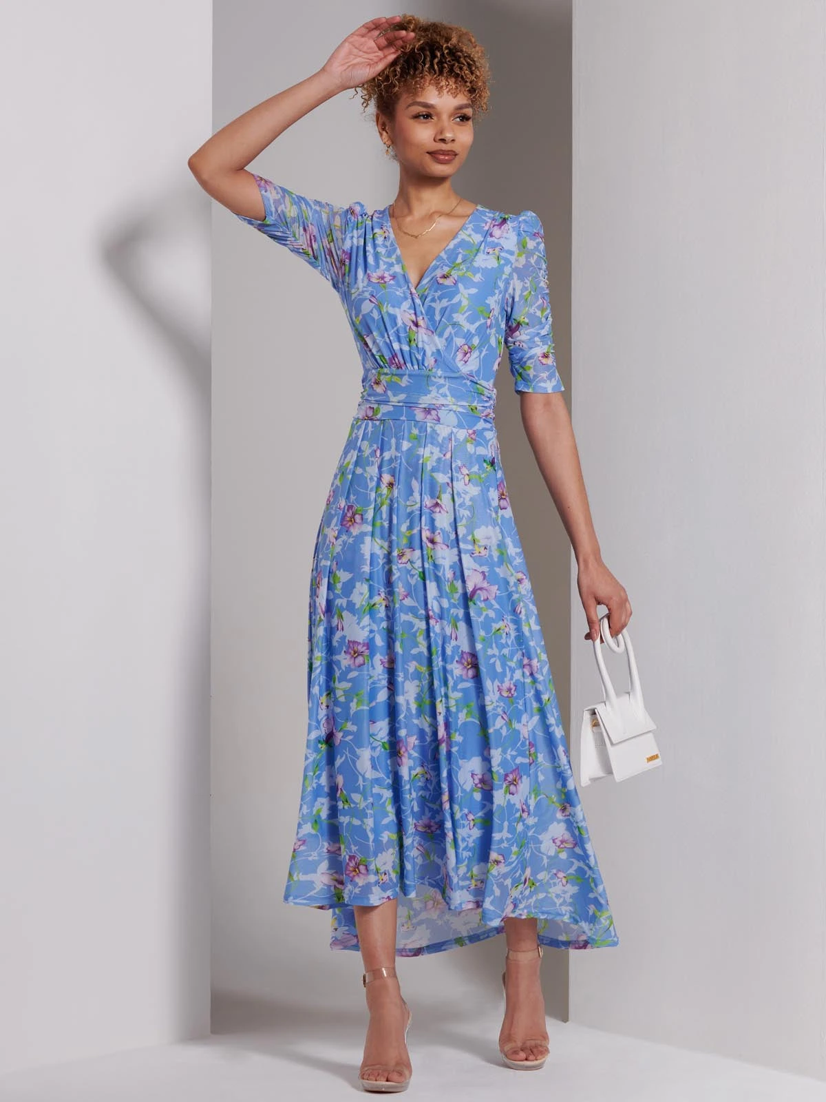 Print Dip Hem Mesh Maxi Dress, Blue Floral 5 Print Dip Hem Mesh Maxi Dress, Blue Floral - Image 5