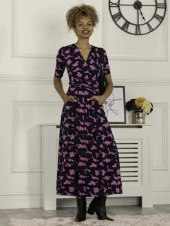 Jolie Moi Amaka Wrap Leaf Midi Dress, Navy Leafy -DORIA Clothing Shop R621133 NavyLeafy 2