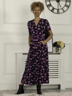 Jolie Moi Amaka Wrap Leaf Midi Dress, Navy Leafy -DORIA Clothing Shop R621133 NavyLeafy 3