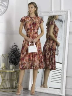 Jolie Moi Luella Key Hole Mesh Dress, Orange Multi -DORIA Clothing Shop RAH 2381 OrangeMulti 1