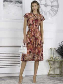 Jolie Moi Luella Key Hole Mesh Dress, Orange Multi -DORIA Clothing Shop RAH 2381 OrangeMulti 3