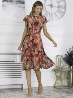 Jolie Moi Luella Key Hole Mesh Dress, Orange Multi -DORIA Clothing Shop RAH 2381 OrangeMulti 6