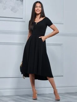 Off The Shoulder Dip Hem Dress, Black -DORIA Clothing Shop RE395 12 Black 4