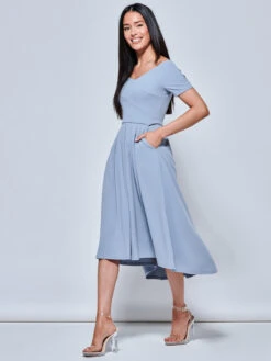 Off The Shoulder Dip Hem Dress, Steel Blue 8 Off The Shoulder Dip Hem Dress, Steel Blue -DORIA Clothing Shop RE395 12 SteelBlue 1