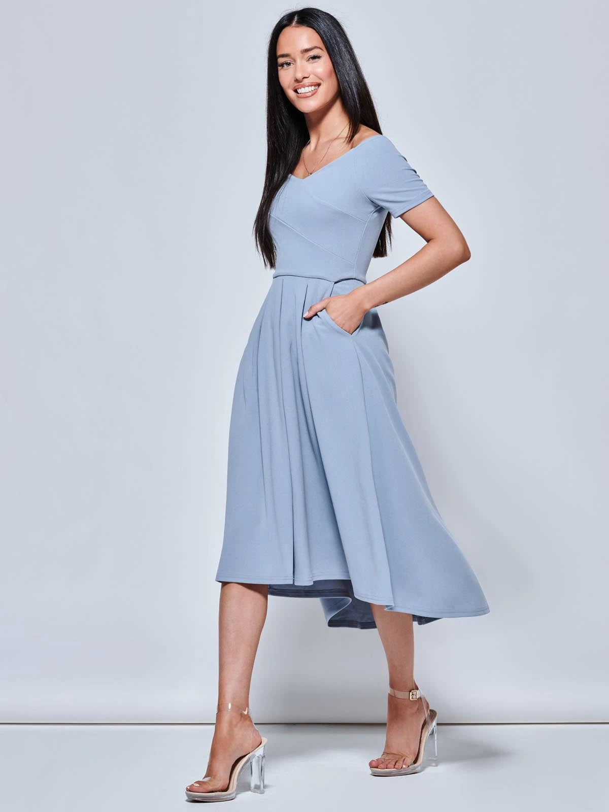 Off The Shoulder Dip Hem Dress, Steel Blue 4 Off The Shoulder Dip Hem Dress, Steel Blue - Image 4