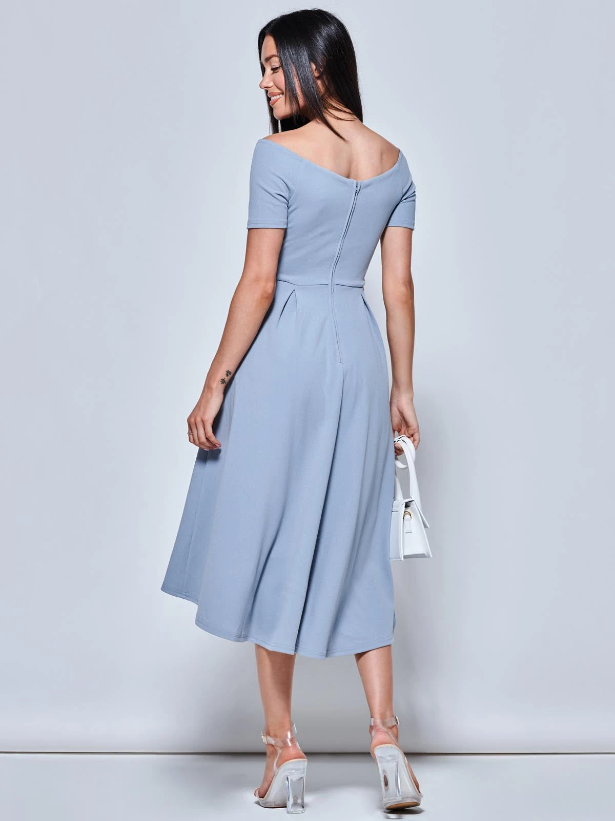 Off The Shoulder Dip Hem Dress, Steel Blue 2 Off The Shoulder Dip Hem Dress, Steel Blue - Image 2
