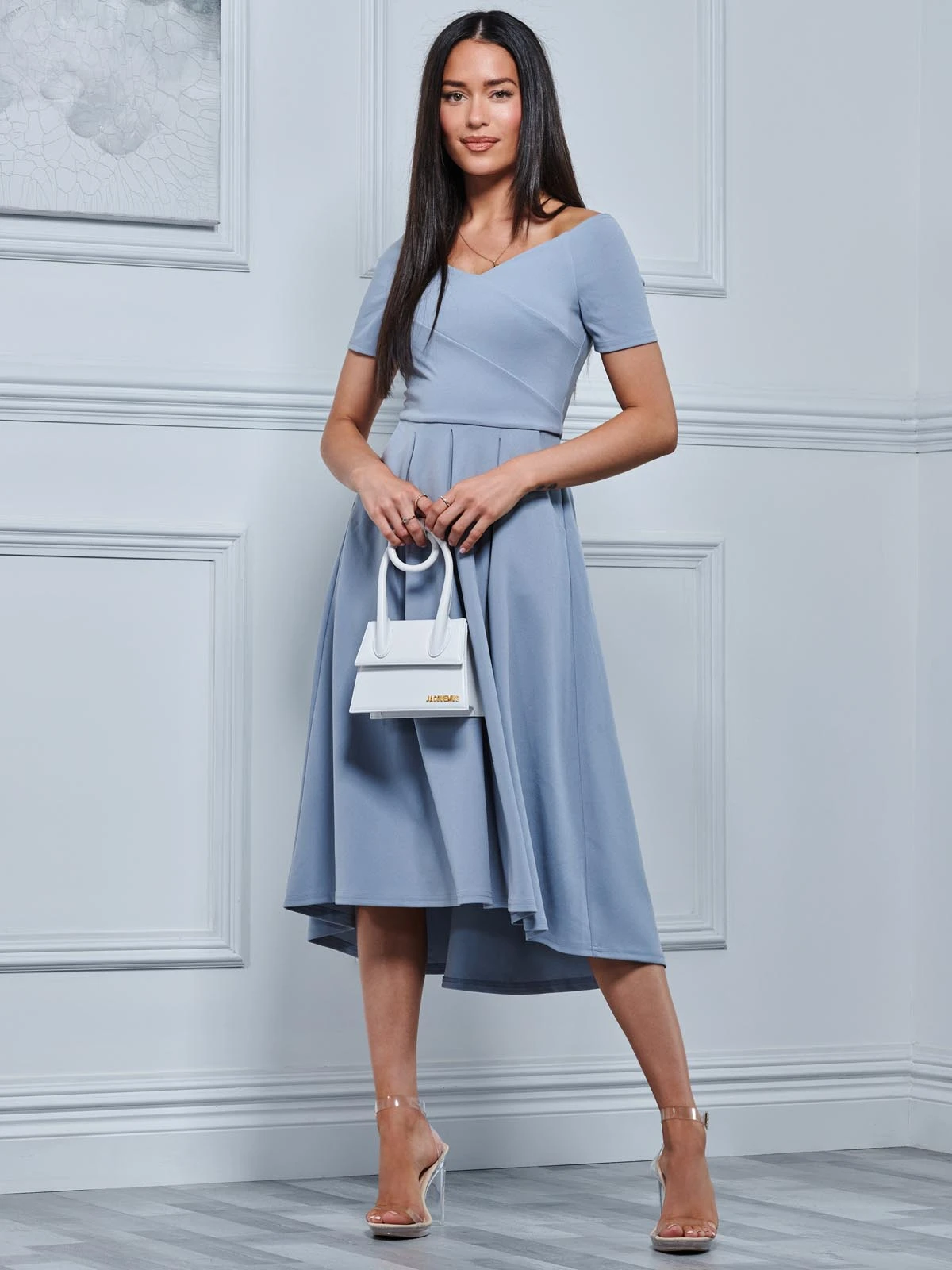 Off The Shoulder Dip Hem Dress, Steel Blue 1 Off The Shoulder Dip Hem Dress, Steel Blue