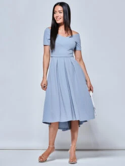Off The Shoulder Dip Hem Dress, Steel Blue 9 Off The Shoulder Dip Hem Dress, Steel Blue -DORIA Clothing Shop RE395 12 SteelBlue 5